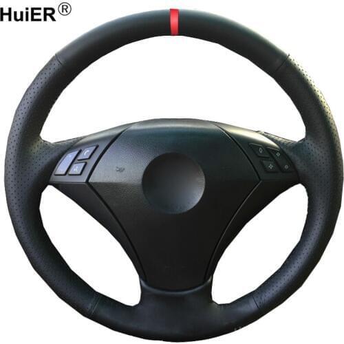 HuiER Hand Sewing Car Steering Wheel Cover Red Marker For BMW E60 E61 520i 520li 523 523 523li 525 525i 530 530i 535 545i