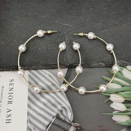 Alloy Imitation pearl Hoop Earrings Gold Color Jewelry For Women Circle Statement Earrings Hoops Wedding Accessories UKEN