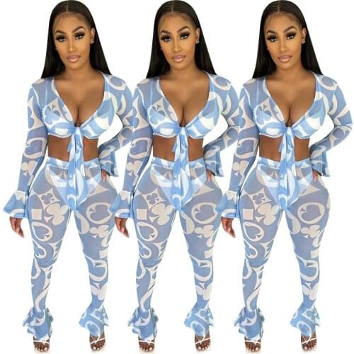 Adogirl Woman Mesh Tracksuit Flare Sleeve Lace Up V Neck Crop Top And Flare Pants Two Piece Set Night Club Party Outfits
