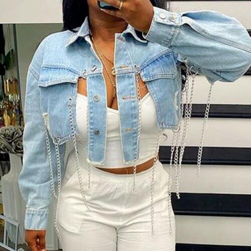 Light Blue Ripped Denim Jacket Womens Asymmetric Short Jacket Top Long Sleeve Halter Chain Jacket Summer 2021 New Streetwear