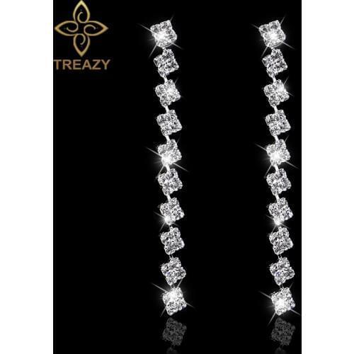 TREAZY Squares Shape Bridal Long Earrings Diamante Silver Color Rhinestone Crystal Dangle Earrings For Women Wedding Accessories