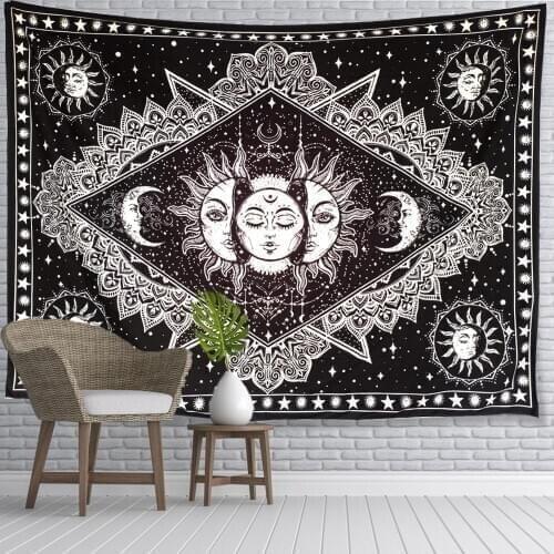 Trippy Black White Sun Moon Tapestry Wall Hanging Witchcraft Hippie Tapestry Cloth Carpet DormDecor Psychedelic Tapestry Blanket