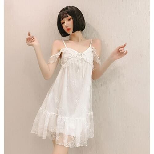 Yhotmeng nightdress for woman sloth sleepwear Sweet lace fairy princess style French suspender nightdress home service white