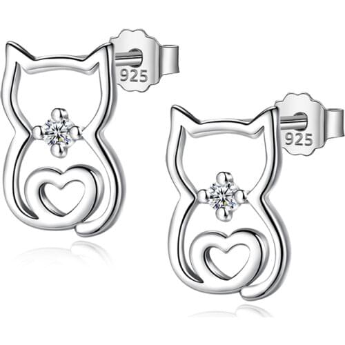 Trusta Genuine Fashion 925 Sterling Silver Sweet Cute Animal Hollow Cat Stud Earrings For Women Girls Wedding JewelryGift DA551