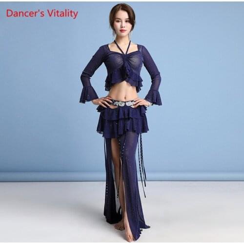Belly Dance Suit Mesh Sequins Top Flared Sleeves Split Skirt Practice Clothes Set Woman Elegant Stage Performance Clothing