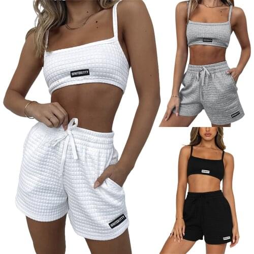 2021 Ladies Summer Breathable Leisure Suit Women Simple Style Solid Color Sleeveless Midriff-baring Camisole+Shorts Set Fashion