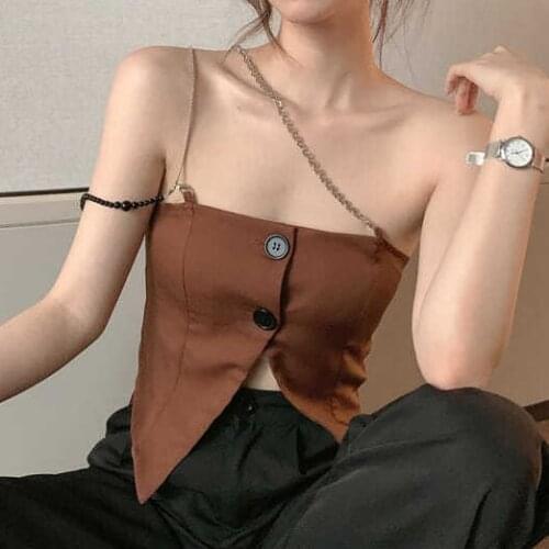 Retro diagonal shoulder chain sling women wear design sense in summer irregular split vest top cute crop top