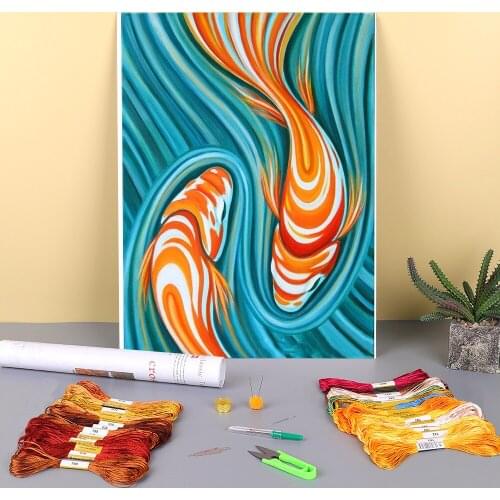 Animal Carp Printed Fabric 11CT Cross-Stitch Embroidery Complete Kit DMC Threads Handicraft Sewing Needlework Stamped