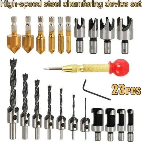 23pcs Woodworking Chamfer Drilling Tool HCS Countersink Drill Bits With Automatic center punch Wood Plug Cutter Chamfer Tool