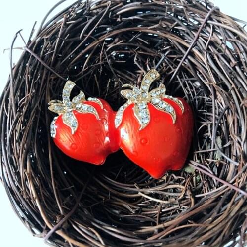 Double Strawberry Red Enamel Sweet Cute Elegant Crystal Stone Party Holiday Brooches