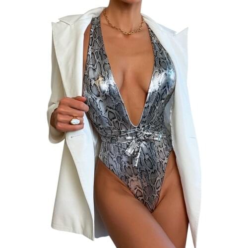 One Piece Backless Serpentine Print Swimsuit Womens Swimwear Shinny Tight Fitting Deep V-Neck Jumpsuits Beach Bathing Suit