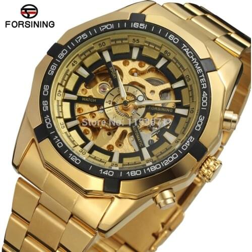 Forsining Automatic Fashion mens watch wristwatch Stainless Steel Skeleton Smart Male Quartz Gift Gold Bracelet Mechanical