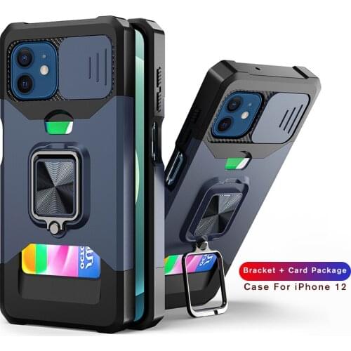Slide Camera Lens Case for iPhone 13 12 11 Pro Max Mini XS XR X 8 7 Plus SE Military Grade Bumper Armor Stand Card Holder Cover