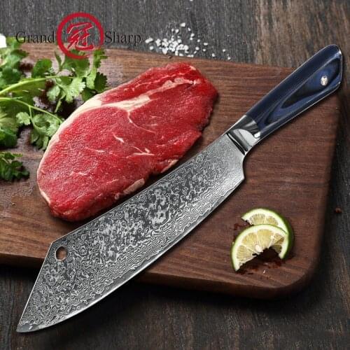 Damascus Kitchen Knives Chef Cleaver Hybrid Knife Slicing Chopping Meat Kebab Professional Butcher Knives Cooking Grandsharp