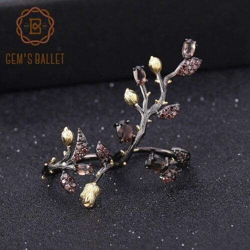 GEMS BALLET 925 Sterling Silver Branch Tree Double Finger Rings for Women 1.57Ct Natural Smoky Quartz Adjustable Ring Statement