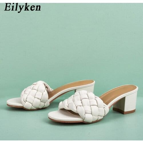 Eilyken 2021 New Fashion Weave High Heels Shoes Square heel Woman Slippers Ladies Street Beach Sandals Slides Shoes