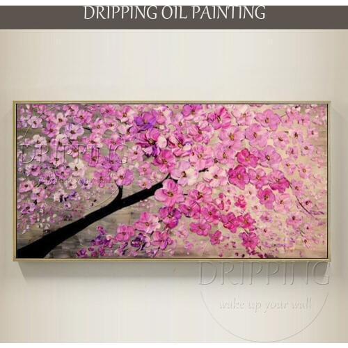 Lovely Design Hand-painted Beautiful Pink Colors 3D Flower Oil Painting on Canvas Hand-painted Pink Sakura Flower Oil Painting