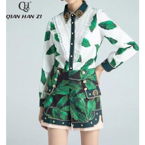 Qian Han Zi fashion office Women summer 2-piece set pleated ruffled long sleeve shirt+retro Button Green Leaf Print Shorts Suit
