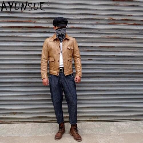 AYUNSUE Retro Real Leather Jacket Men Spring Autumn 100% Cowhide Leahter Coat Short Slim Fit Leather Jackets for Men 2021 KJ6997