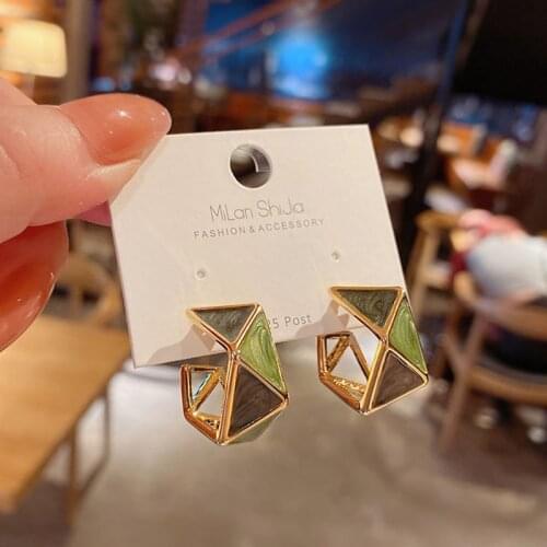 OLIRAFT 2021 Retro Geometric Earrings Hot Selling Metal Golden Plating Hollow Green STUD Earrings For Girl Gifts