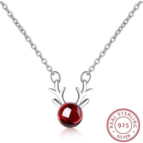 925 Sterling Silver Fine Jewelry Elk Deer Antlers Shape Necklace With Red Garnet Necklaces & Pendants For Women
