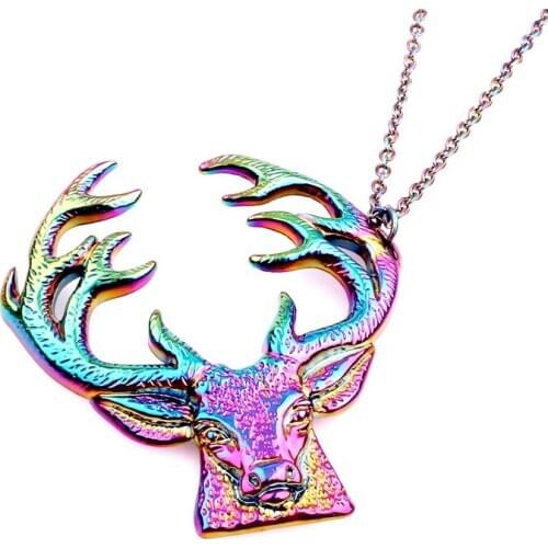 Rainbow Color Deer Head Pendant Necklace Reindeer Elk Antlers Choker Charms 50cm Stainless Steel Chain DIY Handmade Jewelry