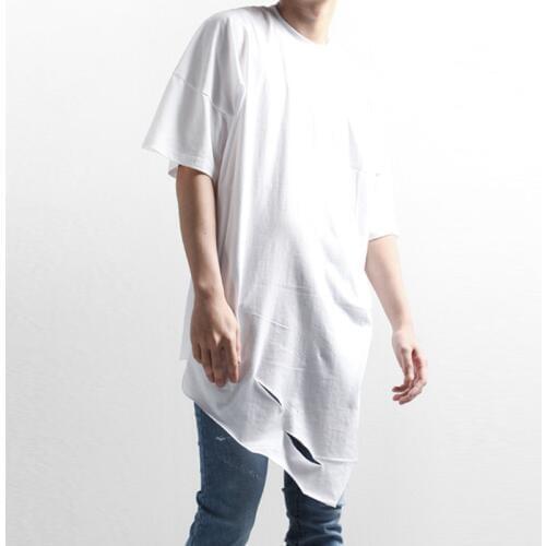 Trendy mens undershirt shirt Korean summer irregular holes loose wild round neck short-sleeved T-shirt long section half-sleeve