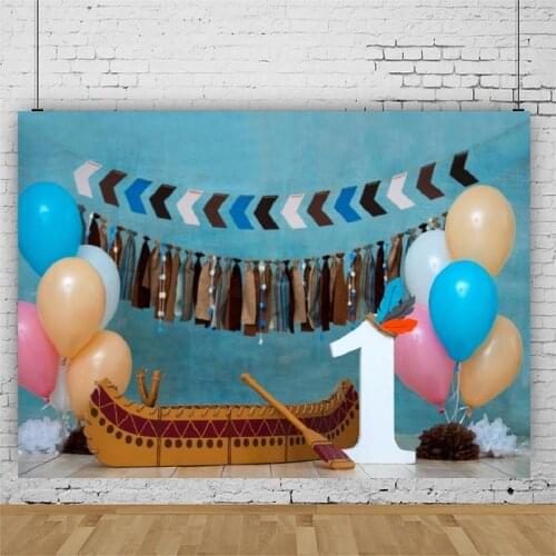 Wooden Boat Balloon Flags Portrait Photography Backdrop One Year Birthday Party Photo Background Vinyl Photocall Booth Props