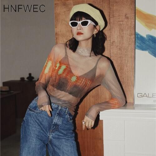 Turtleneck Mesh Top Long Sleeve T Shirt Women 2020 Transparent Top Neon Print Basic Tshirt Summer Fashion T883