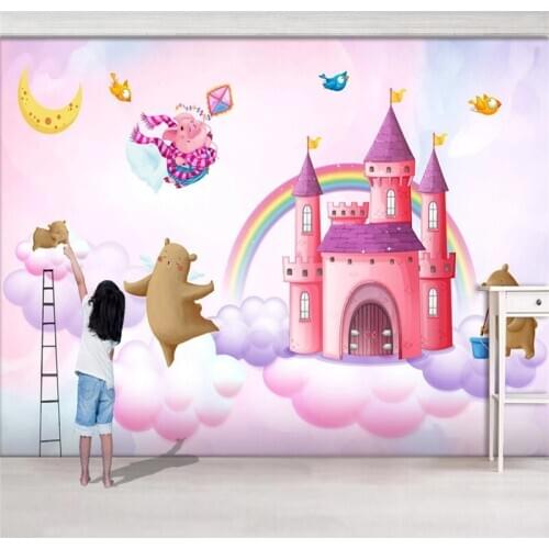Xuesu Hand painted watercolor castle bear pig bird childrens room background wall painting custom wallpaper photo wall