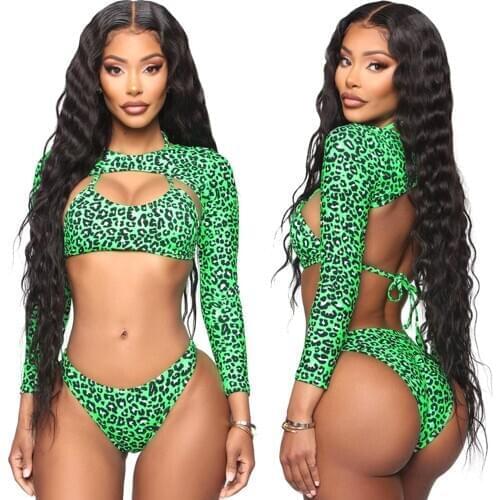 Meihuida Womens Sexy Two Piece Split Bikini Suits Personality Leopard Hollow Lace-up Top and Low Waist Trunks