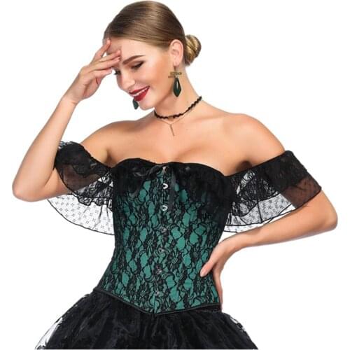 Womens Sexy Victorian Gothic Satin Off Shoulder Floral Lace Waist Trainer Cincher Plastic Boned Overbust Corset