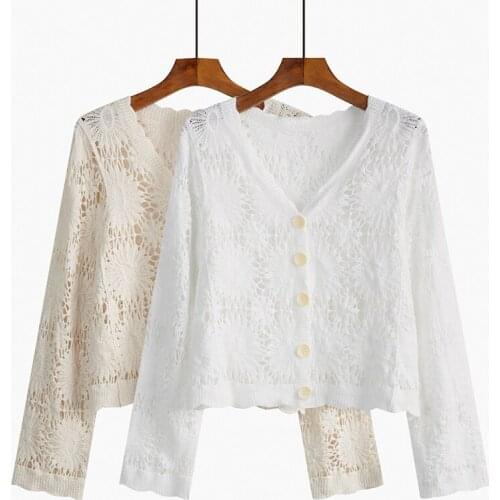 2021 Women Summer Knit Cardigans fashion V-Neck Knit Tops Long Sleeve Hollow Out Cardigan Loose White Tops