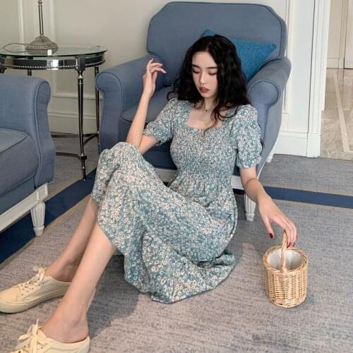 Floral Dress Korean Womens French Style Square Collar Folds Puff Sleeve Waist Slim Print High Waist Dress Ruffled Midi Dress