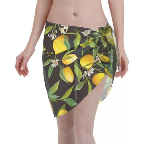 Women Beach Bikini Cover Up Lemon Fruits Floral And Leaf Wrap Skirt Sarong Scarf Beachwear Bathing Suit Beachwear Swimsuits