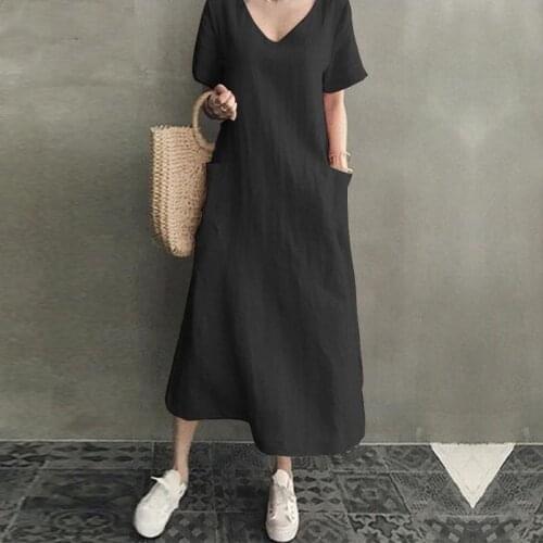 Women Casual Loose Dress Summer Maxi Dress With Pockets Women Elegant Dresses V Neck Beach Party Robe Plus Size Dresses 2021