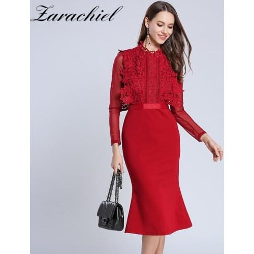 Women Spring Lace Dress 2019 Red Water-soluble Flower Mesh Sleeve Casual Patchwork Dress Plus Sizes Long Sleeve Mermaid Vestidos