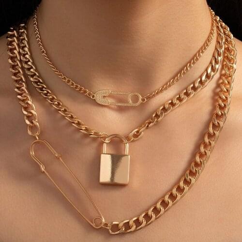 Ins Gold Chunky Chain Lock Key Safety Pin Geometric Charms Choker Necklaces Trendy Korean Fashion Women Party Jewelry