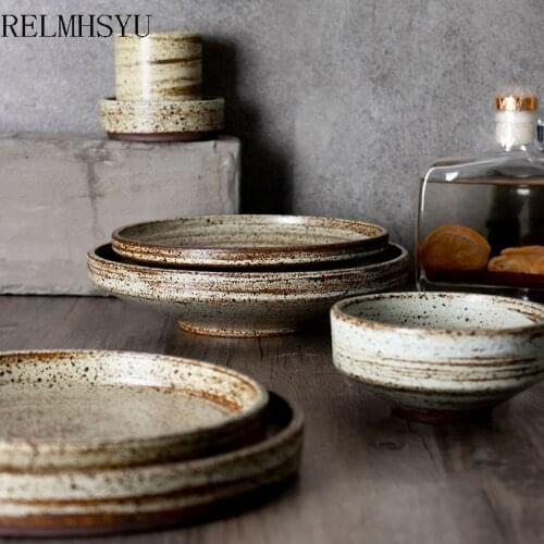 1PC RELMHSYU Japanese Style Retro Handmade StonewareThickening Rice Bowl Tea Water Cup Round Steak Dinner Plate Set Tableware