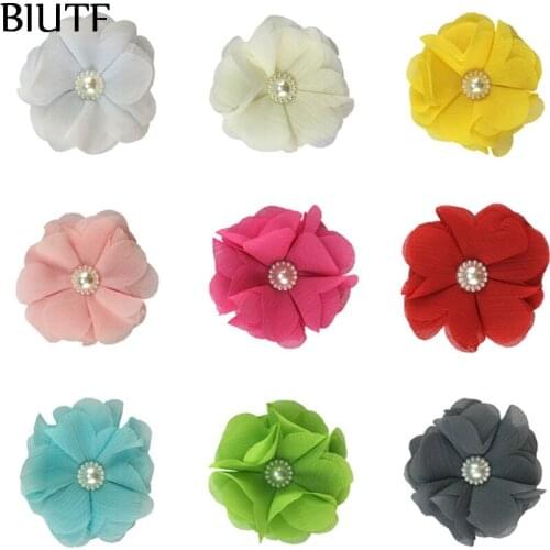 100pcs/lot Wholesale 2.4 inch Pettie Fabric Chiffon Flower with Pearl Bead Hair Accessories 30 Bright Colors TH305