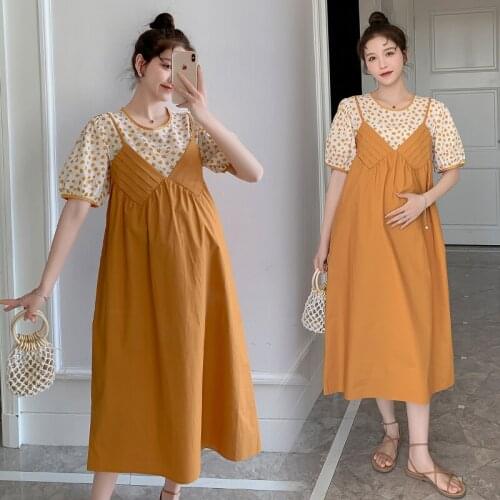 15071# Maternity Clothes Summer Cotton Short Sleeves Loose One Piece Layer Look Dress Pregnant Women Pregnancy Clothes