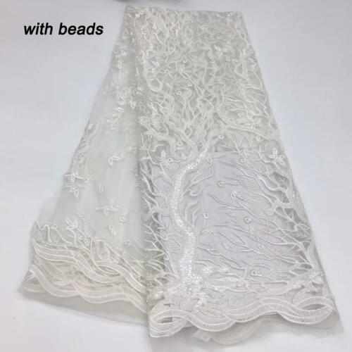 5yards/pc) high grade African wedding lace fabric white color French net lace fabric with lots of beads for dress FSQX48