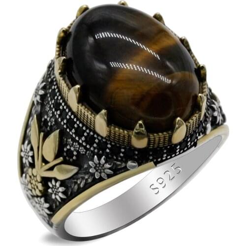 925 Sterling Silver Mens Natural Tiger Eye Stone Claw Setting Design Auspicious Trend Retro Handmade Turkish Wedding Ring