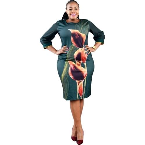 African Dresses For Women 3/4 Sleeve Slim Knee Length Robes Fashion Flower Print Casual Bazin Riche African Long Dress Vestidos