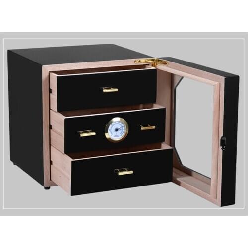 Black cabinet cigar humidor high-quality multiple lacquer finish cedar wood 3 cigarette storage box case lighter With Hygrometer