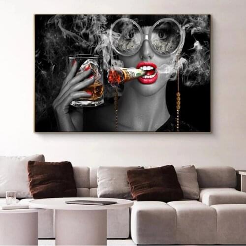 Black and White Cigarette Wall Art Print Painting Wall Red Lip Fashion Woman Canvas Poster Living Room Home Decor Wall Decor