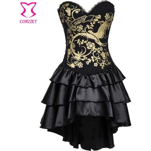 Black / Gold Phoenix Vintage Print Victorian Steampunk Dress Burlesque Corset Sexy Gothic Dresses Corsets And Bustiers Plus Size