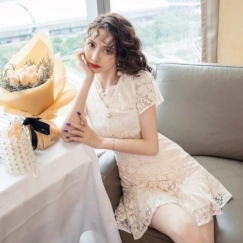 COIGARSAM Lace Women one-piece dress korean New Summer Dresses Apricot 8717