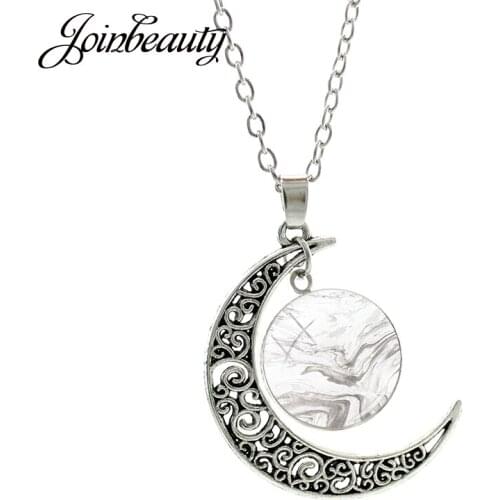 JOINBEAUTY Smooth Marble Texture Glass Cabochon Necklaces Hollowing Out Moon Pendant Handmade Jewelry Fashion Necklace MB01