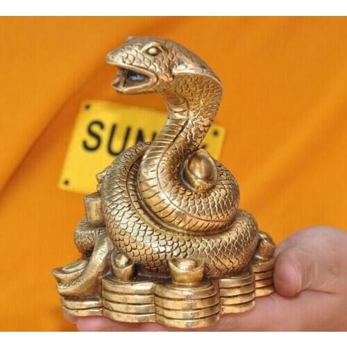 China Feng Shui brass wealth coin Zodiac animal Snake Serpent lucky statue